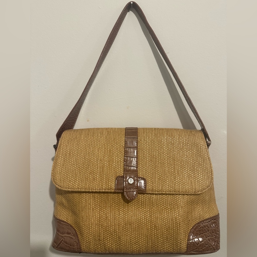 Etienne Aigner Leather and Straw Weave Shoulder Bag